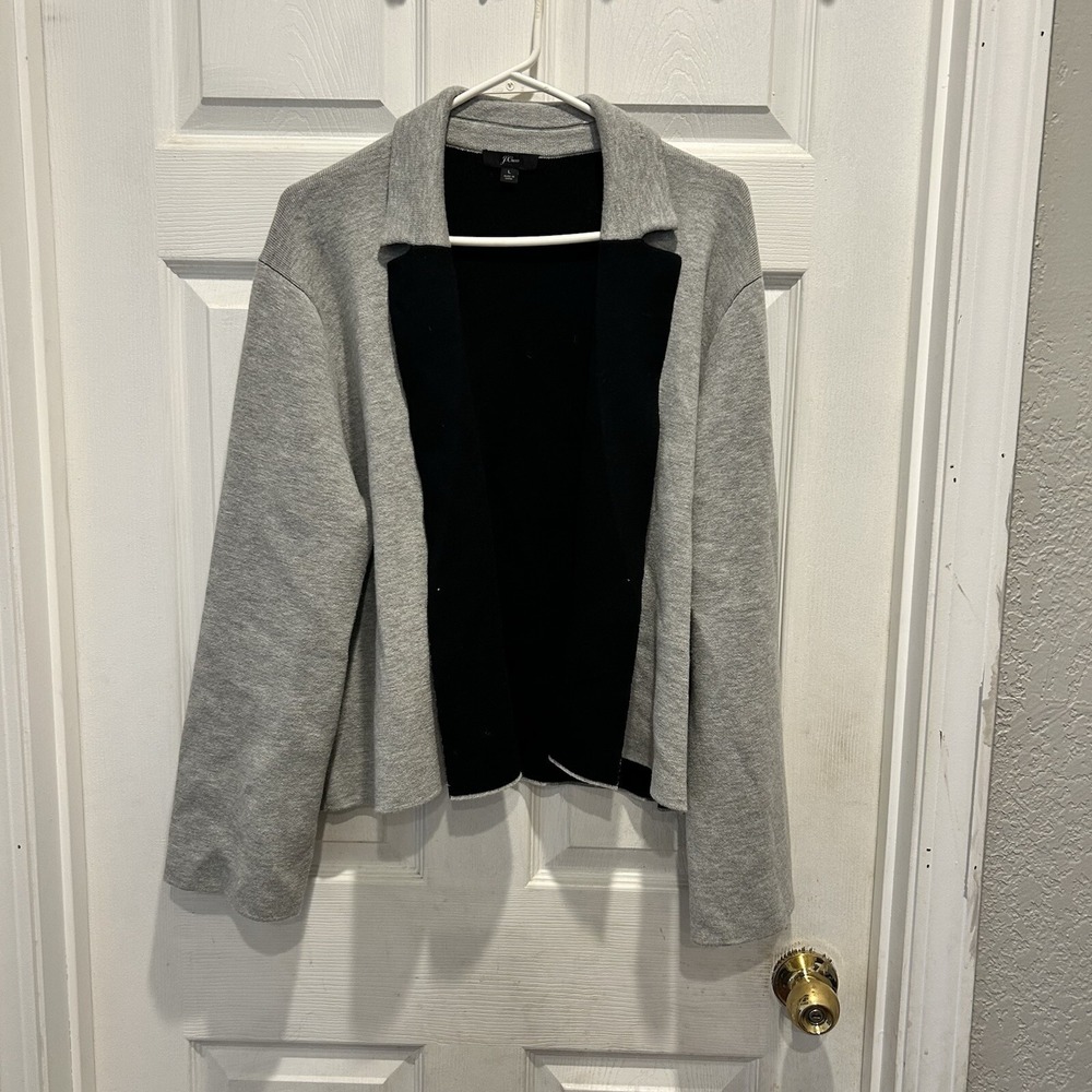 J Crew Women Colorblock Cardigan Sweater Jacket Light Gray Black Merino‎ Blend L
